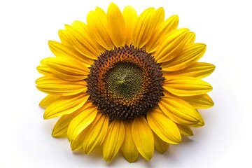 Fototapeta premium A vibrant yellow sunflower's bright petals unfold, framing a warm brown center, against a crisp white backdrop, with
