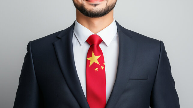 Chinese Businessman: A portrait of a man in a suit with a red tie featuring the Chinese flag, exuding confidence and professionalism.  