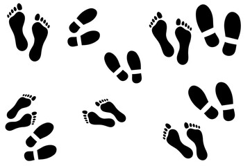A boot mark, a tread mark. A footprint from the sole of a shoe and a foot, a bare foot print, a foot print, an imprint, a black and white boot print. Picture, graphic drawing, illustration in vector t