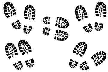 A boot mark, a tread mark. A footprint from the sole of a shoe and a foot, a bare foot print, a foot print, an imprint, a black and white boot print. Picture, graphic drawing, illustration in vector t