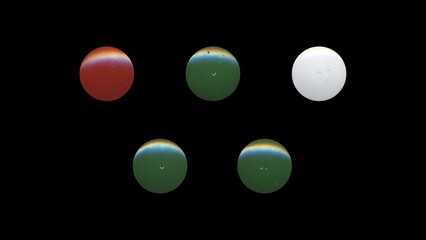 a set of colorful clear circles, empty stationery tacks, front view, isolated metal push rounded pins on black background