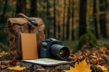 Artistic flat lay of guide tools binoculars, map, notepad, and camera, symbolizing the essentials for a guide in nature Guide tools, Nature exploration