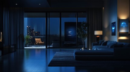 A modern, stylish living room with large windows displaying a beautiful night cityscape. The room is decorated in dark, sleek furniture with ambient lighting.