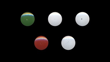 a set of colorful clear circles, empty stationery tacks, front view, isolated metal push rounded pins on black background