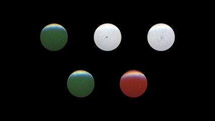 a set of colorful clear circles, empty stationery tacks, front view, isolated metal push rounded pins on black background