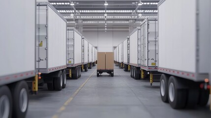 Naklejka premium A view of a logistics warehouse featuring aligned trucks with a single box in the center, highlighting a modern shipping and transportation environment.