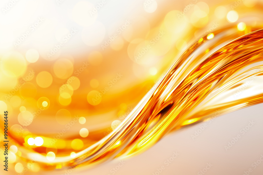 Poster the composition features smooth, flowing lines in a rich golden hue, complemented by soft bokeh high