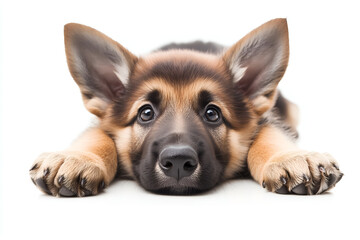 cute german shepherd dog laying on the belly and looking directly with curious face expression; funny puppie isolated on white background