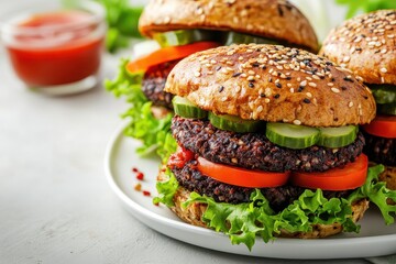 Plant based black bean patties with veggies and sauce on a white plate empty space Nutritious vegan meal idea