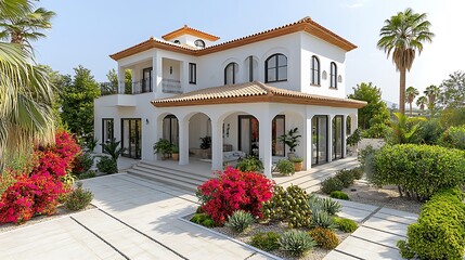 A luxurious Mediterranean villa with white stucco walls, terracotta roof tiles, and large arched windows, a lush garden of vibrant bougainvillea, palm trees, and olive trees surrounding the property,