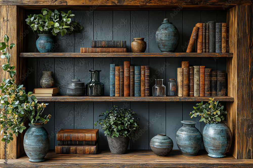 Poster a well-organized bookshelf with a few carefully selected books and decorative objects. concept of mi