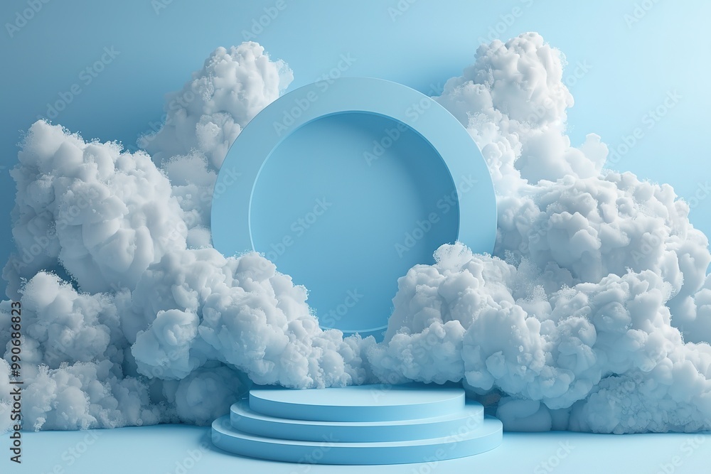 Wall mural Background vector 3d blue rendering with podium and minimal cloud scene, minimal product display background 3d rendered geometric shape sky cloud blue pastel. 