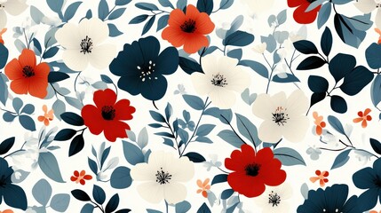 This image showcases a vibrant and colorful floral pattern featuring red, blue, and white flowers, with green leaves and branch motifs, perfect for textiles or wallpapers.