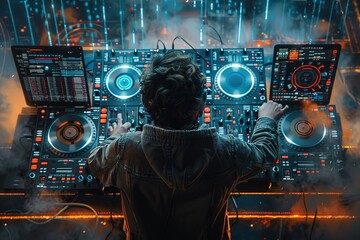 Charismatic disc jockey at the turntable. DJ plays on the best, famous CD players at nightclub during party. EDM, party concept TOP VIEW