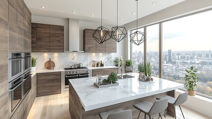 A luxurious, modern kitchen featuring dark wood cabinets, stainless steel appliances, white marble countertops, and geometric pendant lights over the island, large windows with city views,