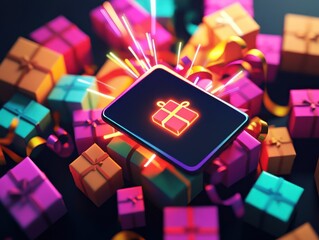 A vibrant collection of colorful gifts with a glowing gift icon, perfect for celebrating special occasions and creating festive atmospheres.