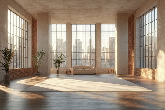 Fototapeta A spacious, airy room with only a few pieces of furniture and large windows. Concept of minimalist living.