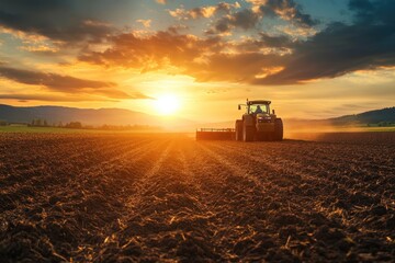 The tractor tills the field under a stunning sunset