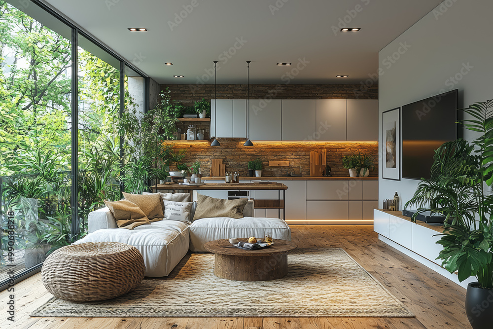 Aufkleber a small, well-lit studio apartment with minimal furniture and open spaces. concept of efficient livi