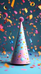 Colorful 3D Party Hat with Confetti and Streamers