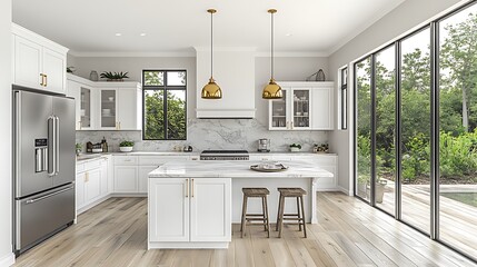 A luxurious modern kitchen with glossy white cabinets, stainless steel appliances, marble countertops, and gold pendant lights hanging above a spacious island, wooden flooring adding warmth,