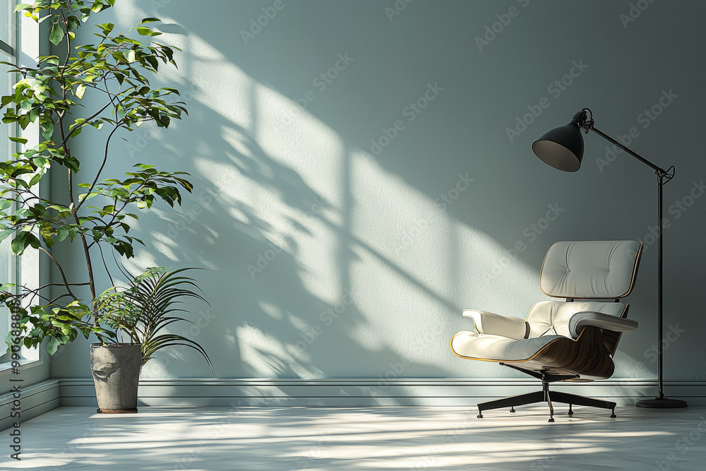Poster a simple workspace with a clean desk, a single lamp, and a minimalistic chair. concept of uncluttere