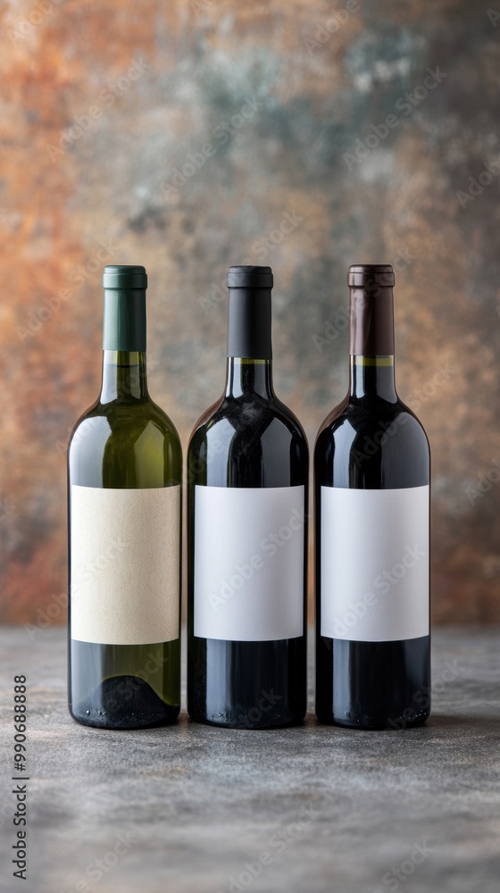 Poster three elegantly designed wine bottles await label customization on a beautifully textured surface, p