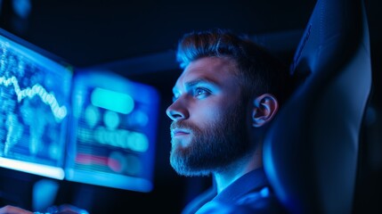 A focused man in his thirties engages with stock market analysis at his gaming PC in a dark space