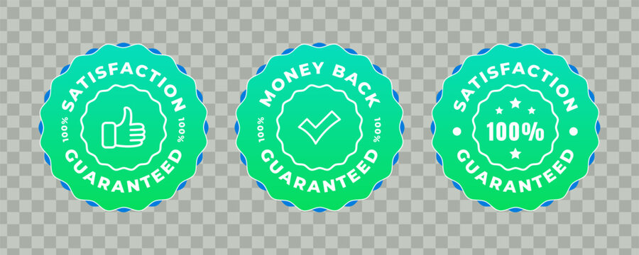 Three green and blue circular seals with satisfaction, money back and 100% guaranteed text