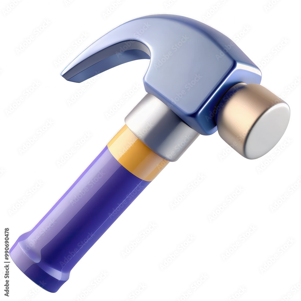 Poster this is a 3d rendering of a blue hammer icon with a yellow and purple handle. it serves to represent