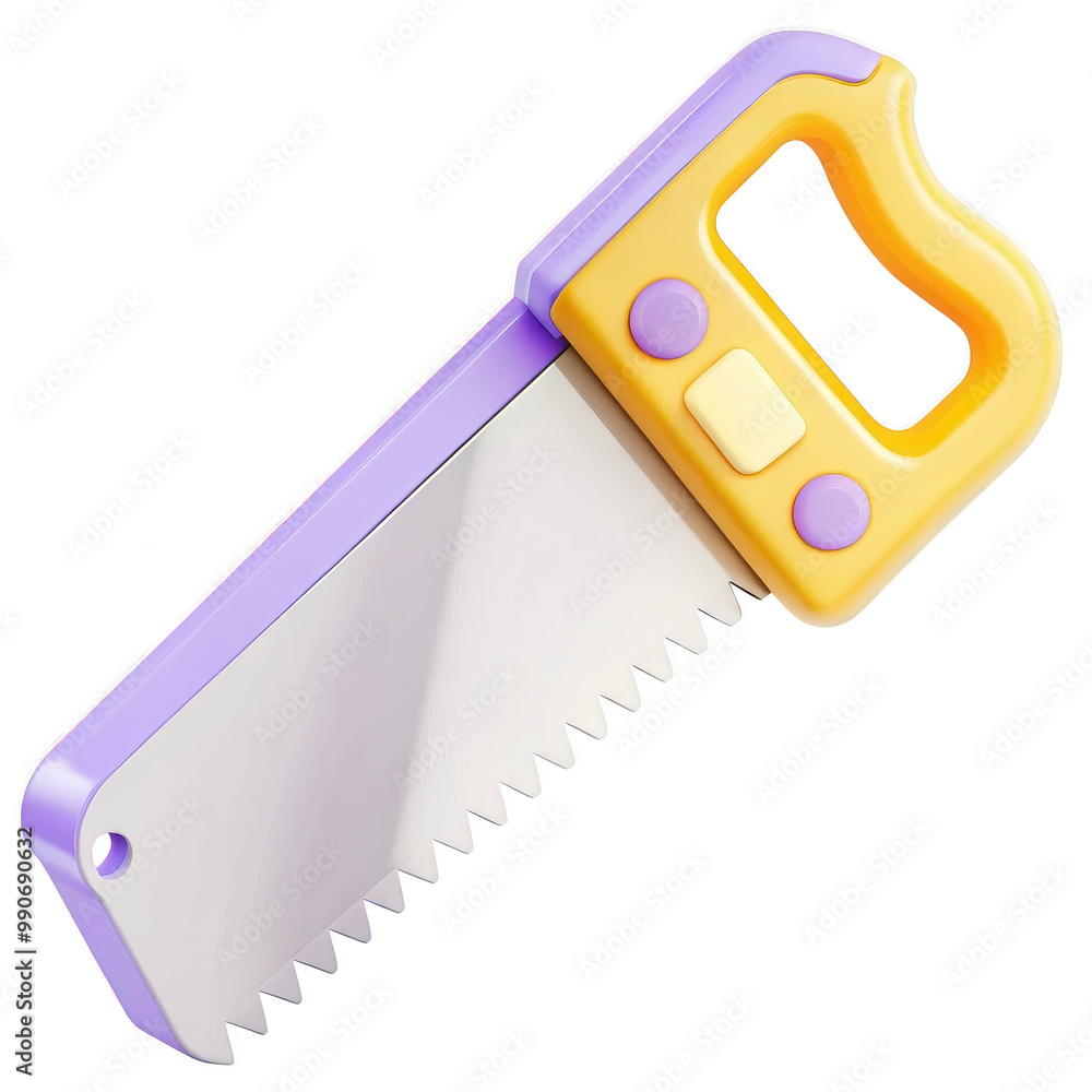 Poster this image contains a vivid 3d rendering of a saw. the saw has a bright yellow handle with purple bu