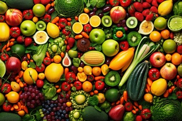 A colorful assortment of fruits and vegetables. Concept of abundance and freshness, showcasing the variety of healthy foods available. Generative AI