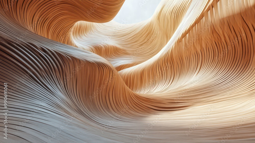 Poster Abstract wooden structure with wavy, flowing lines creating a 3D effect.