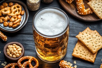 Top view of a beer alongside tasty pretzel crackers and snacks on a black wood table