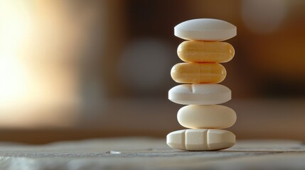Obraz premium Balanced Tower of Wellness Supplements on Wooden Surface