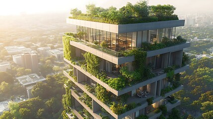 A massive futuristic skyscraper with a glass facade and lush green terraces, standing tall amidst a modern city, plants and greenery cascading down the structure, reflecting sunlight,