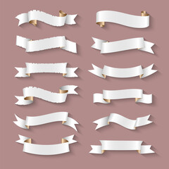 Vintage white with gold ribbon, tag, text banner, tape icon set