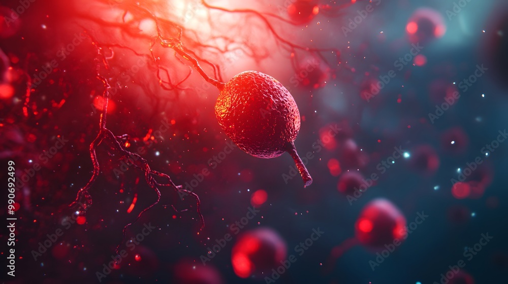 Poster a single red cell with a tail suspended in a network of red veins