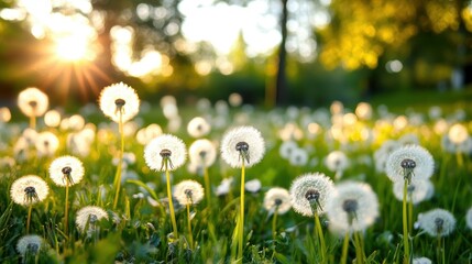 A beautiful meadow adorned with dandelions and surrounded by trees, illuminated by the soft glow of sunlight, showcasing nature's tranquility