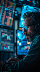Fototapeta premium A man around 35 years old operates his desktop gaming PC while trading stocks in a dimly lit environment
