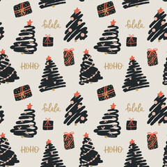 Pattern with stylized christmas trees and hand-lettered elements. Seamless vector pattern. New Year illustration.