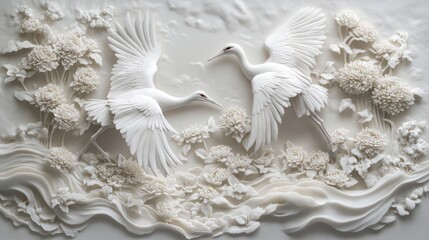 Two White Cranes in Flight, Sculpted in White