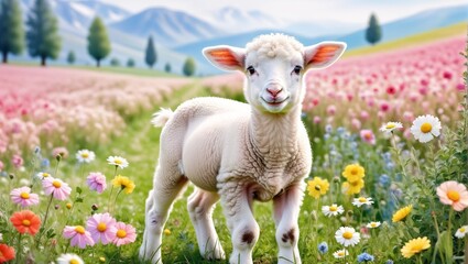 Obraz premium White sheep on green grass floral meadow