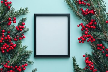 Festive Flat Lay with Black Frame, Red Berries, and Green Pine on a Blue Background