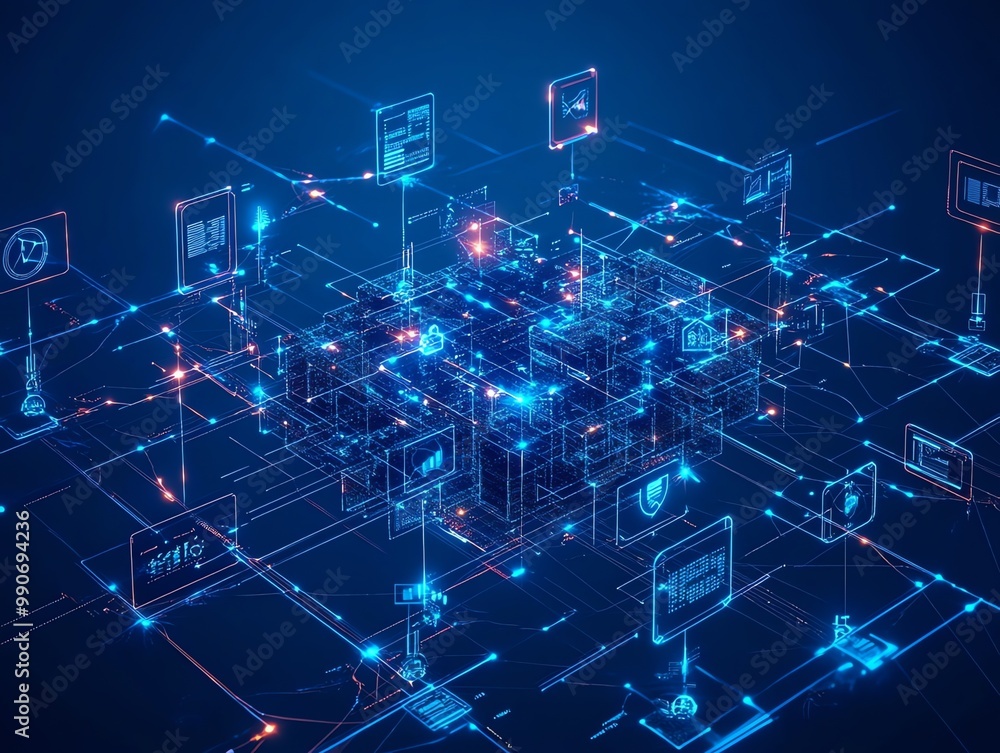 Poster abstract digital network with glowing lines and icons.
