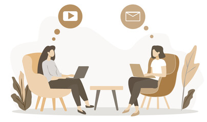 Two women are working on laptops, facing each other, with communication icons like video and email above their heads. Flat design on a light background. Concept of online communication and remote work