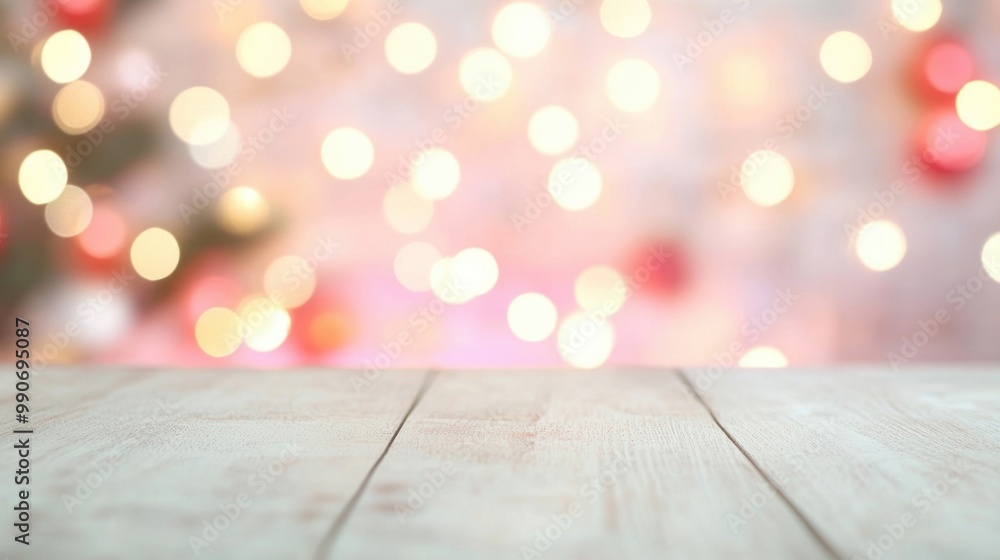 Aufkleber the surface of a white wooden table is prominent, set against a backdrop of sparkling bokeh lights, 