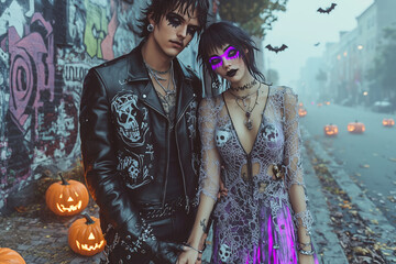 Obraz premium Gothic emo couple in matching Halloween costumes