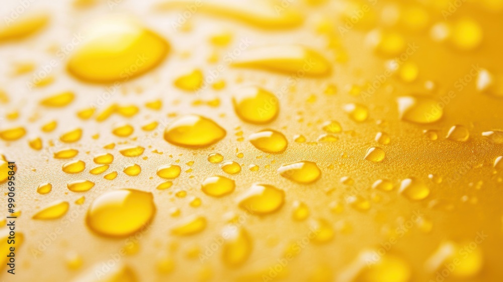 Poster yellow oil droplets rest on a smooth surface, reflecting light and creating an attractive pattern of