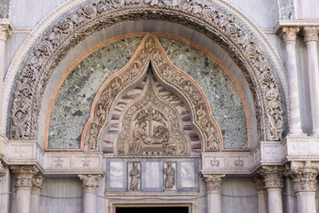 Detail view of the northern portal of Basilica di San Marco from Piazzetta dei Leoncini. Venice, Italy.